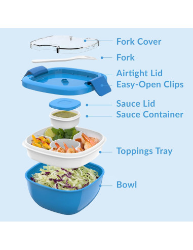 Contenedor de Ensalada Bentgo Azul 1.6L con Bandeja 4 Compartimentos