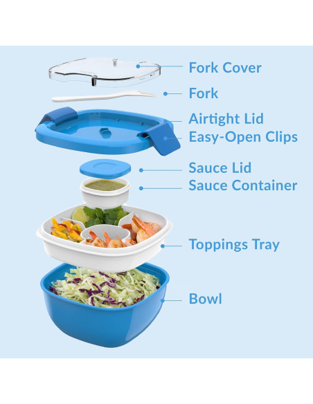 Contenedor de Ensalada Bentgo Azul 1.6L con Bandeja 4 Compartimentos