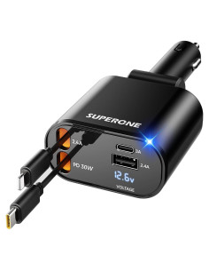 Cargador de coche retráctil SUPERONE 4 en 1 USB C 60W