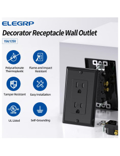 Toma de Corriente Decorativa ELEGRP 15A 125V Negro Brillante Paquete 10 2