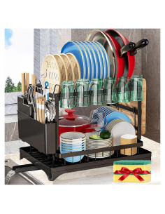 Escurridor de Platos Grande XLMYS 2 Niveles Acero Inoxidable Negro