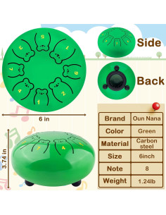 Tambor de Lengua de Acero Verde 15.24 cm 8 Notas para Niños 2
