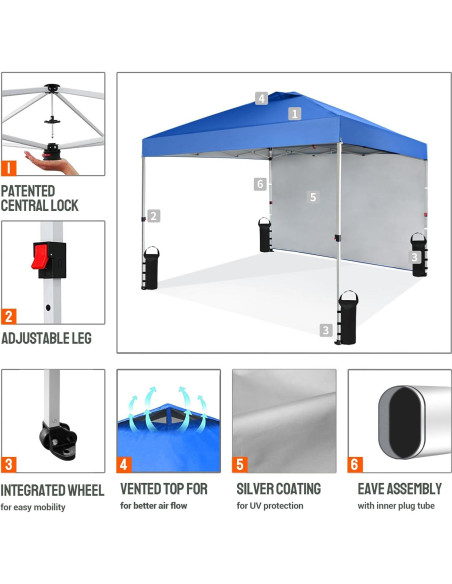 Carpa Plegable 3.05x3.05m CROWN SHADES con 1 Pared Lateral Azul