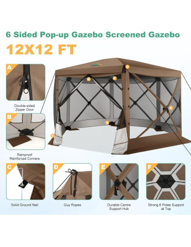 Carpa Gazebo Plegable COBIZI 3.66x3.66m Marrón con Mosquitera