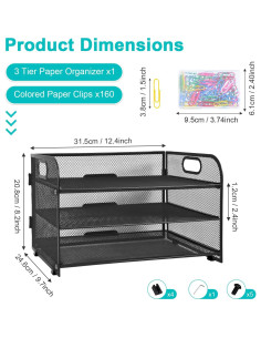 Organizador de Papel Sayeec 3 Niveles Malla Negra con Clips 2