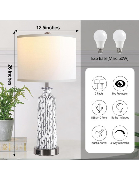 Lámpara de Mesa QiMH Set de 2 con Puertos USB y Control Táctil