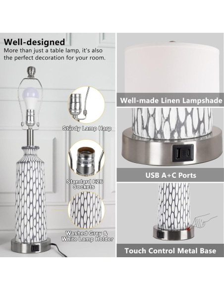 Lámpara de Mesa QiMH Set de 2 con Puertos USB y Control Táctil