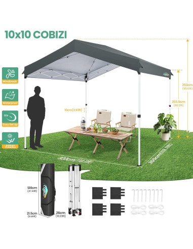Carpa Plegable COBIZI 10x10m Gris con 1 Pared Lateral Impermeable