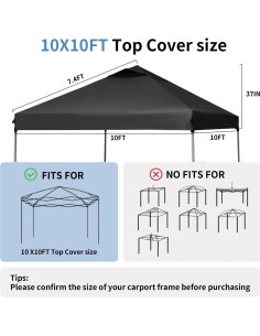 Techo de Reemplazo Carpa Plegable GOTRUTH 10x10 Pies Negro 2