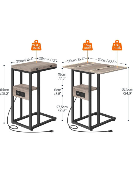 Mesa Auxiliar Plegable HOOBRO en Forma de C con Carga USB