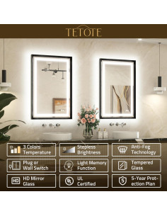 Espejo LED de Baño TETOTE 71x50 cm Antivaho Iluminado Negro 2