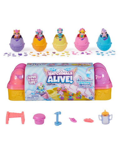 Hatchimals Alive Spin Master Cartón Rosa y Amarillo con 6 Figuras