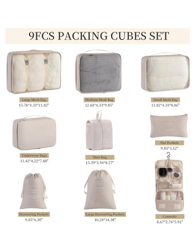 Bolsas de Almacenamiento Aovdy 9 Piezas Beige para Equipaje