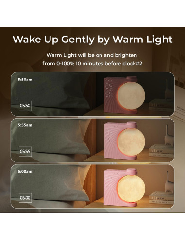 Despertador de Amanecer INSSISAIN Lámpara de Luna Rosa 10 Sonidos