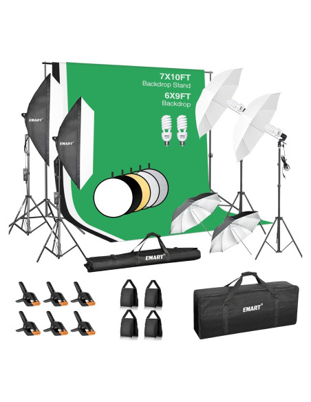 Kit de Iluminación Fotográfica EMART con Soporte 7x3m y Fondos