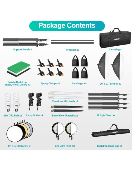 Kit de Iluminación Fotográfica EMART con Soporte 7x3m y Fondos