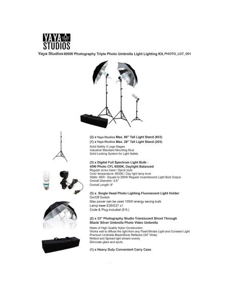 Kit de Iluminación Continua Efavormart 600W con Paraguas 33" Kit de Iluminación Continua Efavormart 600W con Paraguas 33"
