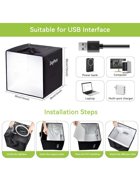Caja de Luz para Fotografía ZapPort 30.48cm con 120 LED y 6 Fondos