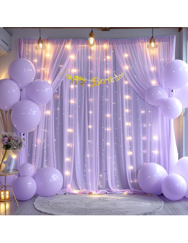 Cortina de fondo de gasa lavanda con luces LED 5x10 pies