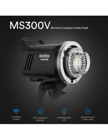 Flash Estroboscópico Godox MS300V 300W con Luz LED 10W