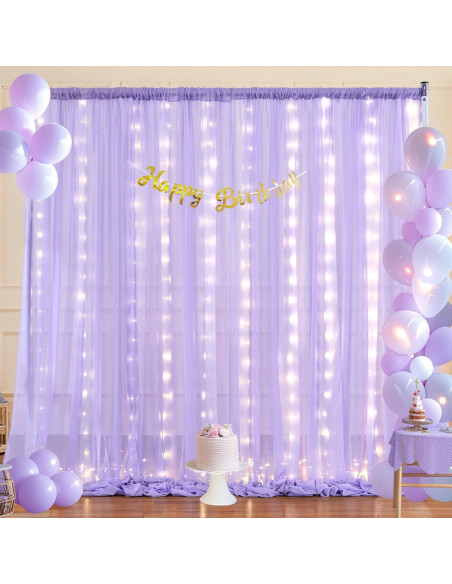 Cortina de fondo de gasa lavanda con luces LED 5x10 pies