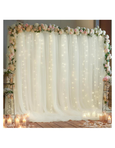 Cortina de tul marfil con luces 2 paneles 5x10 pies