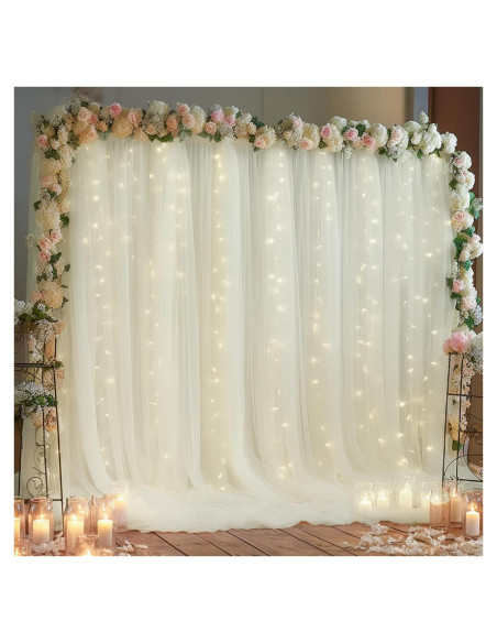 Cortina de tul marfil con luces 2 paneles 5x10 pies