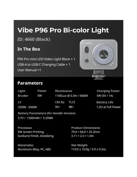 Luz LED de Video SmallRig Vibe P96 Pro 2500-6500K CRI95+ Luz LED de Video SmallRig Vibe P96 Pro 2500-6500K CRI95+