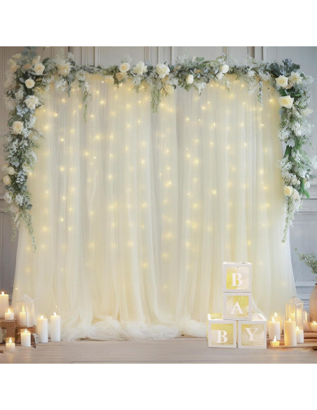 Cortina de tul marfil con luces 2 paneles 5x10 pies