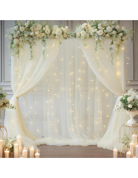 Cortina de tul marfil con luces 2 paneles 5x10 pies