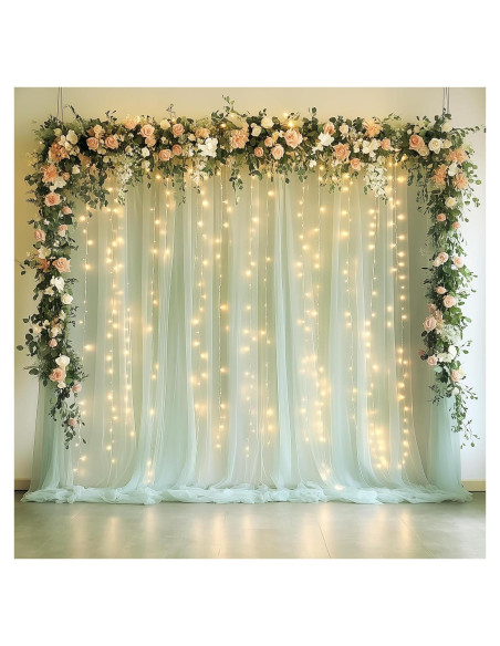 Cortina de Tulle Verde Salvia con Luces 2 Paneles 5x10FT