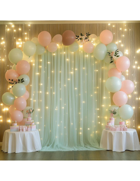 Cortina de Tulle Verde Salvia con Luces 2 Paneles 5x10FT