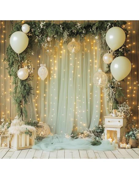 Cortina de Tulle Verde Salvia con Luces 2 Paneles 5x10FT