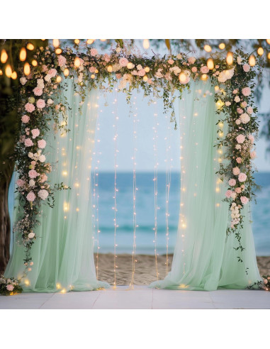 Cortina de Tulle Verde Salvia con Luces 2 Paneles 5x10FT