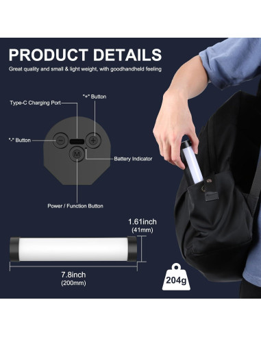 Varita de Luz Portátil LUXCEO RGB LED 20cm 2000mAh CRI95+