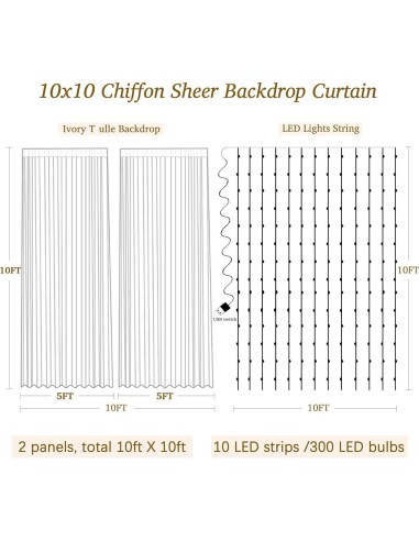 Cortina de Chiffon Beige con Luces LED 2 Paneles 5x10 pies