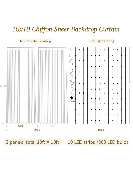 Cortina de Chiffon Beige con Luces LED 2 Paneles 5x10 pies
