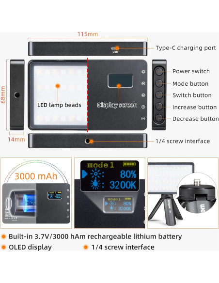 Luz LED RGB Portátil GUZHIZHI GZZ-RB08P 2500-8500K para Video