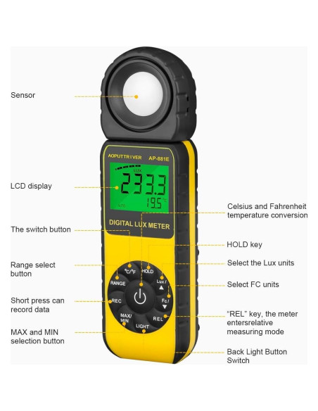Medidor de Luz Digital AOPUTTRIVER AP-881E 0.01-300,000 Lux