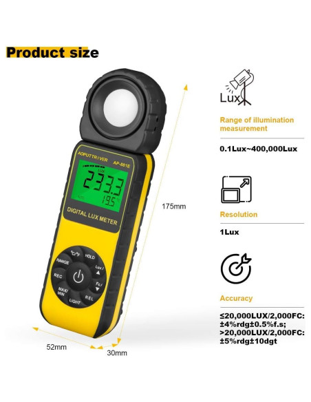 Medidor de Luz Digital AOPUTTRIVER AP-881E 0.01-300,000 Lux