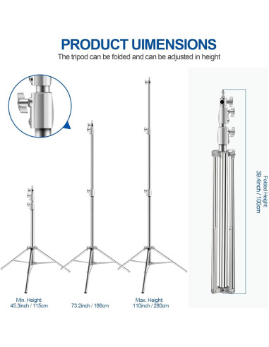 Soporte de Luz de Acero Inoxidable Wellmaking 280cm Ajustable