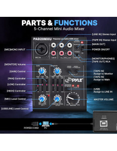 Mezclador de Audio Pyle PAD20MXU 5 Canales USB Bajo Ruido 2