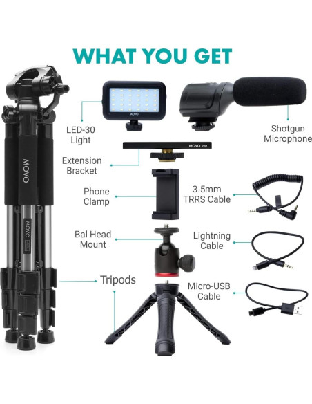Kit de Vlogging Movo iVlogger para Smartphone con Trípode y Luz LED
