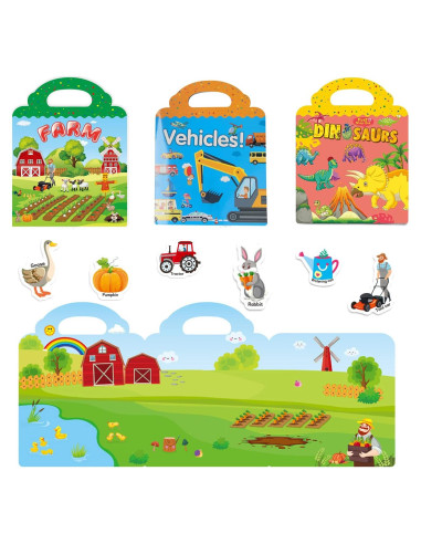 Libro de Pegatinas Reutilizables AEAHALY Granja Dinosaurios