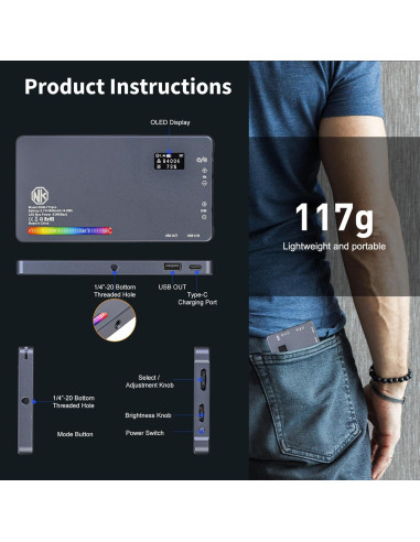 Luz de Video LED T12 Pro RGB 12W Batería 4000mAh 2500-8000K