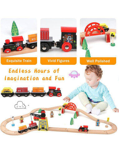 Juego de Tren de Madera Qilay 39 Piezas para Niños 3-6 Años