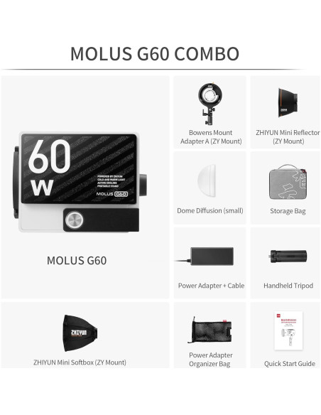 Luz de Video Bi-Color ZHIYUN MOLUS G60 Combo 60W 0.3kg Luz de Video Bi-Color ZHIYUN MOLUS G60 Combo 60W 0.3kg