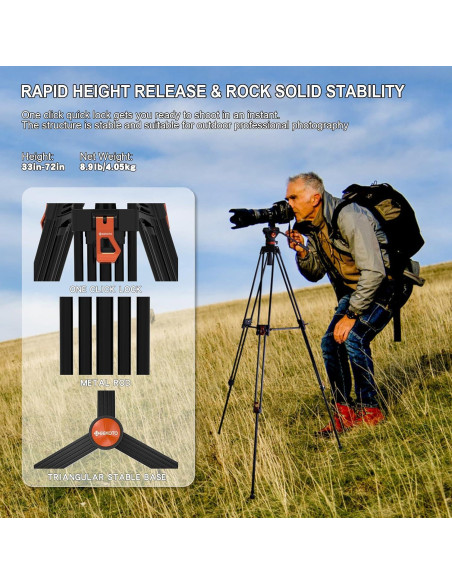 Trípode GEEKOTO de Aluminio 182.88 cm con Cabezal Fluido K3