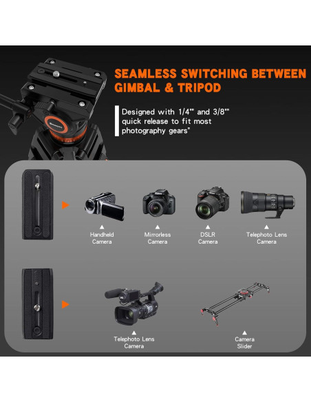 Trípode GEEKOTO de Aluminio 182.88 cm con Cabezal Fluido K3