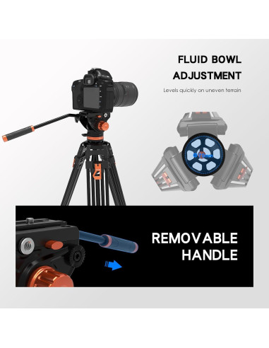 Trípode GEEKOTO de Aluminio 182.88 cm con Cabezal Fluido K3